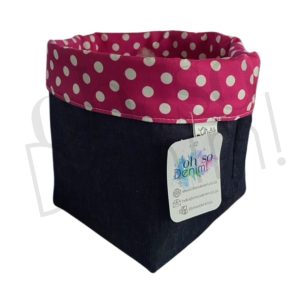 Pink and White Polka Dot Denim Basket - Medium