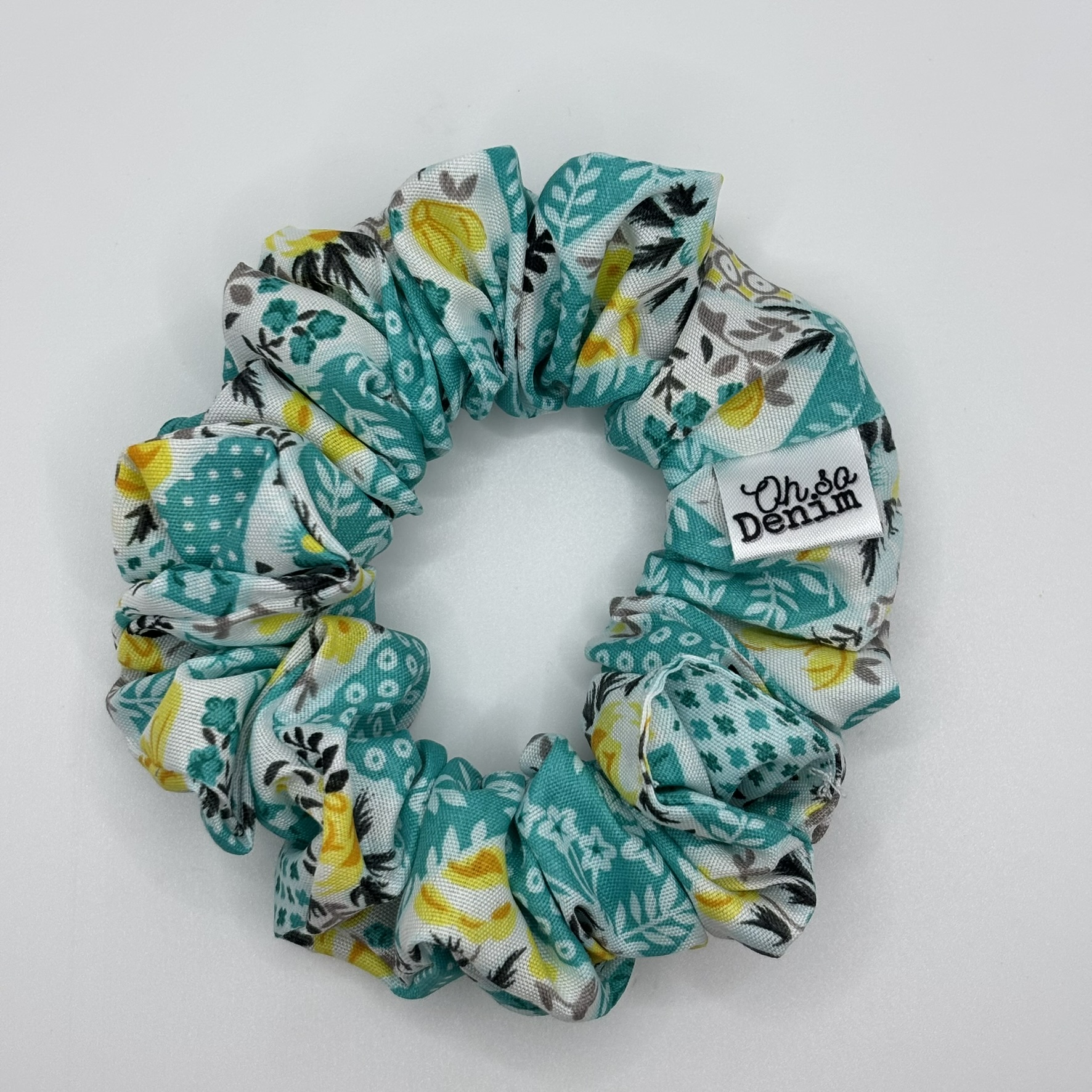 Turquoise and Yellow Floral Hair Scrunchie