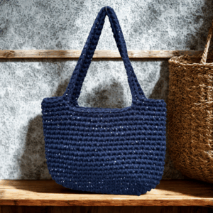 Navy Blue & Pink Polka Dot Crochet Tote