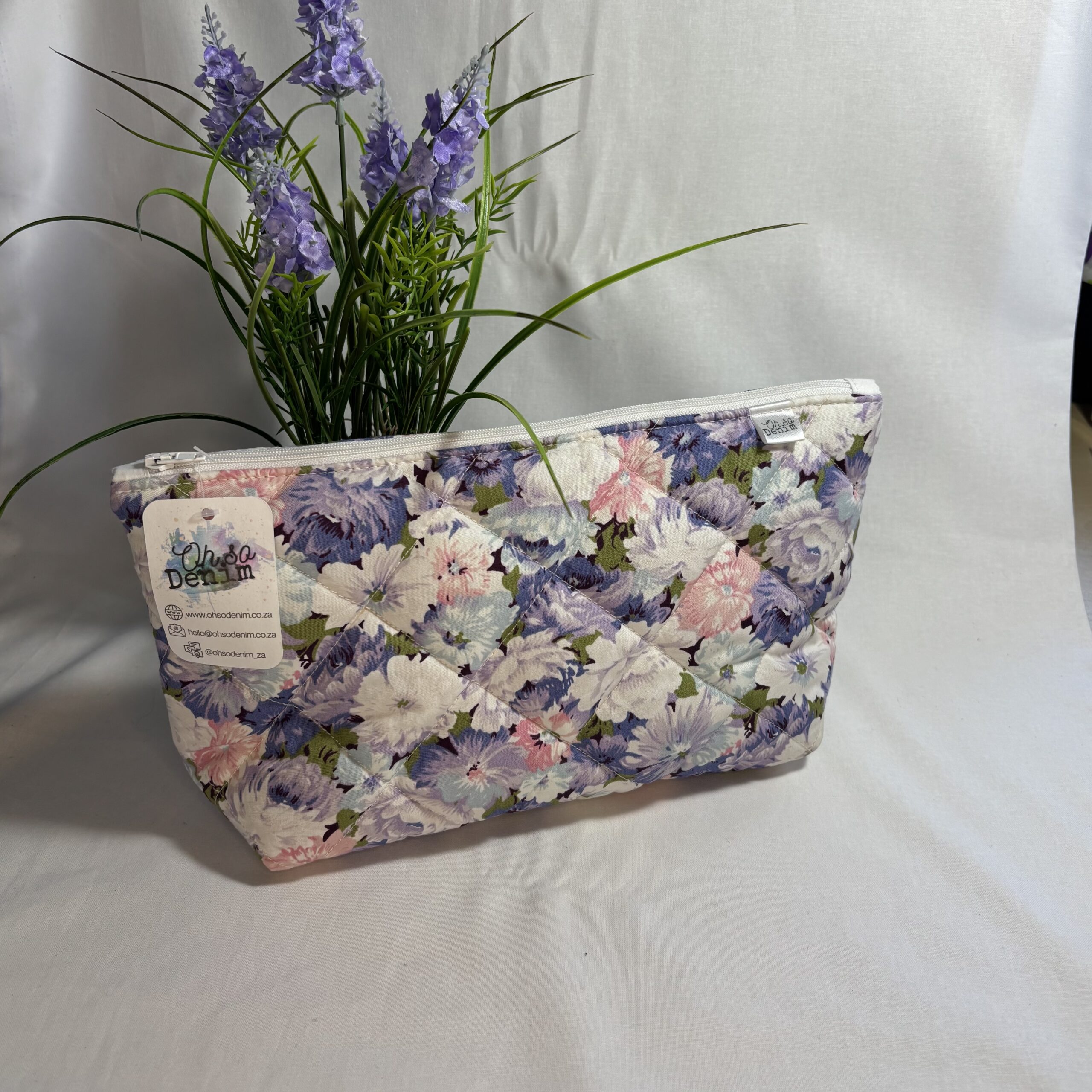 Large lilac floral quilted flat bottom pouch